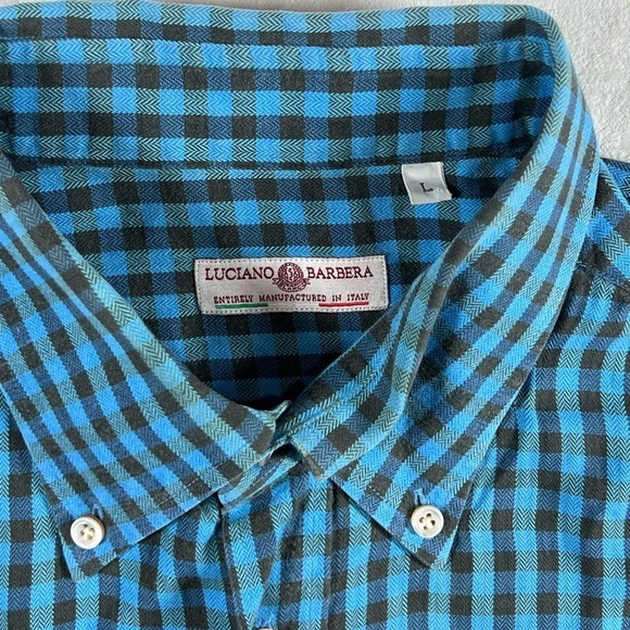 Luciano Barbera Size Large Classic Navy Gingham Cotton Twill Made in Italy Shirt - Picture 6 of 11